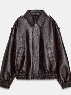 Zara Dark Brown Faux Leather Bomber Jacket